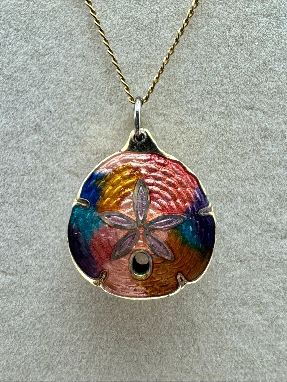 Vintage Cloisanne’ Multicolor Enamel Sand Dollar Pendant Necklace - Gold Tone